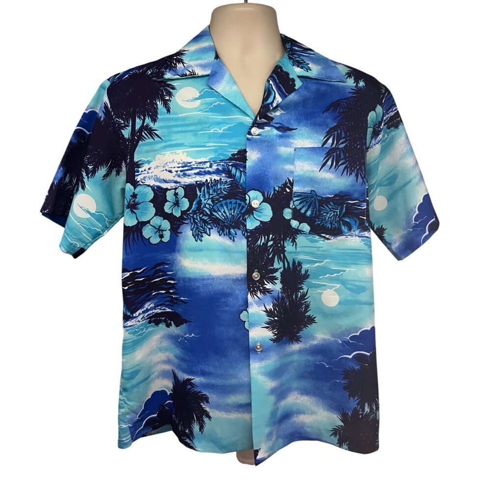 Liberty House Vintage Hawaiian Aloha Blue Button Shirt Large Pocket Hawaii USA